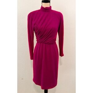 VTG 70/80s  Fuchsia Cashmere Blend High Neck Ruched Long Sleeve Dress, Small